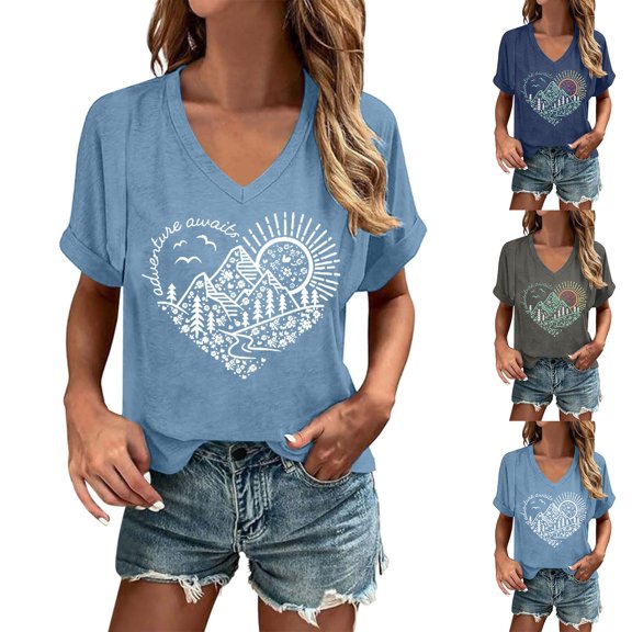 LINGLANG Women's Short Sleeve Tees V Neck Casual Graphic Printed Summer Tops Fashion Patterned T-Shirts