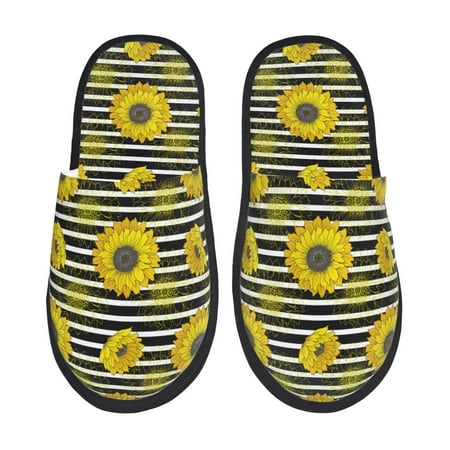 Balery Sunflowers On Black And White Stripes Slient Indoor Furry Fleece Comfort House Shoes Soft Non-Slip Home Shoes Cotton slippers House Slippers-- Large