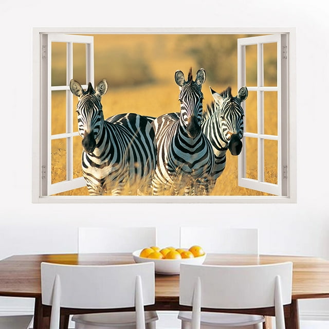Adhesivos de pared 3D con cebra para ventana, safari, animales, pastizales, 90 x 60 cm