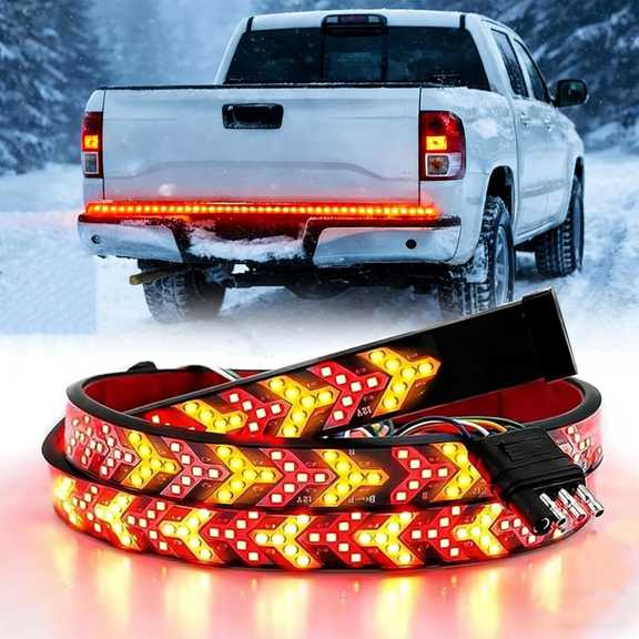 60-inch truck tailgate LED light bar with turn signal, brake, and reverse functions, featuring red and amber dynamic taillight arrow design, suitable for pickup trucks, trailers, SUVs, RVs, and vans.