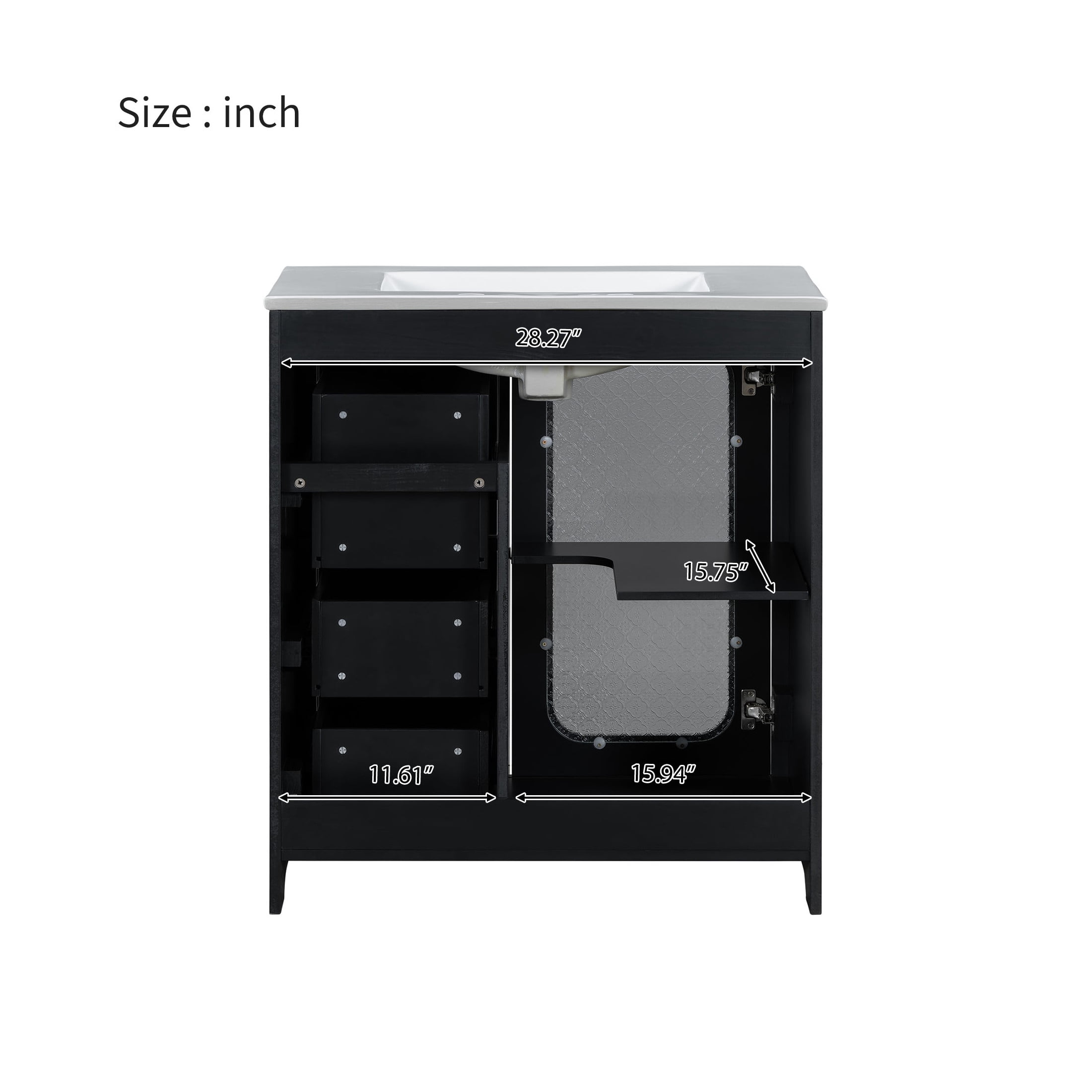 Seranor Modern Bathroom Vanity with Ceramic Sink, Shelves, Drawers, Wood, Black