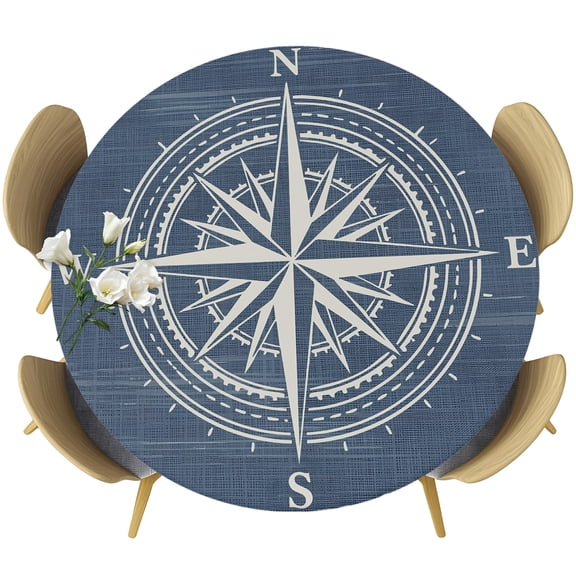 Round Table Cover 36-44 Inch Nautical Compass Waterproof Reusable Table Cloth Round Fitted Vinyl Tablecloth with Elastic Edged for Parties Outdoors, Navy Blue Coastal Star Stripes Vintage