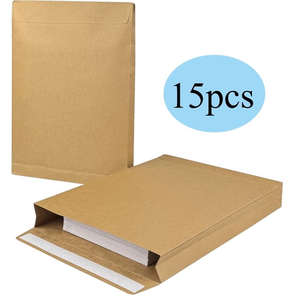 15 Pack 9.3”x13” Expandable Kraft Envelopes, Self - Seal Anti - Tear Catalog Envelopes for Business Office Document Filing & Storage (Brown)​