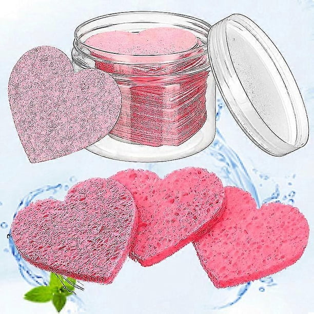 50pcs Facial Sponges Compressed Natural Cellulose Sponge Heart Shape Face Sponge For Face Cleansing Exfoliating Makeup Removal