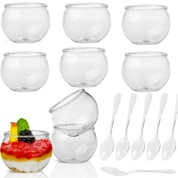 20 Pcs 2 oz Plastic Dessert Cups,Bexikou Mini Dessert Cups with Spoons,Disposable Round Appetizer Bowls,Clear Parfait Bowls for Salad Wedding Event Birthday Party Serving