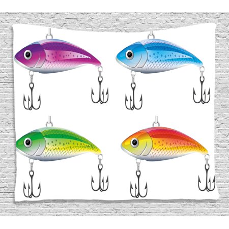 Trout Trap - Fishing Decor Tapestry, Collection of Fishing Lures in Trout Shape Trap for Sea Mammals Creatures Picture, Wall Hanging for Bedroom Living Room Dorm Decor, 80W X 60L Inches, Multi, by Ambesonne