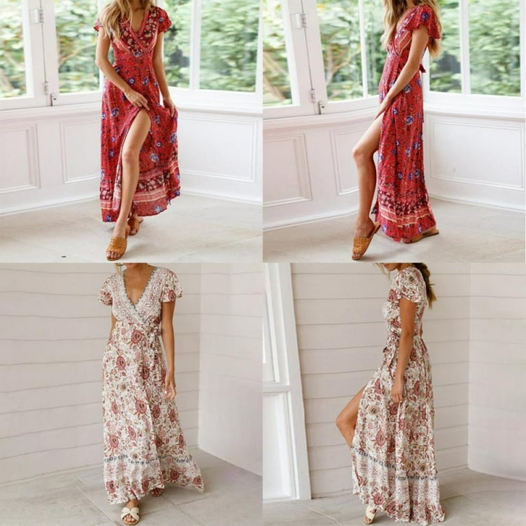 Women's Bohemian Floral Printed Wrap V Neck Short Sleeve