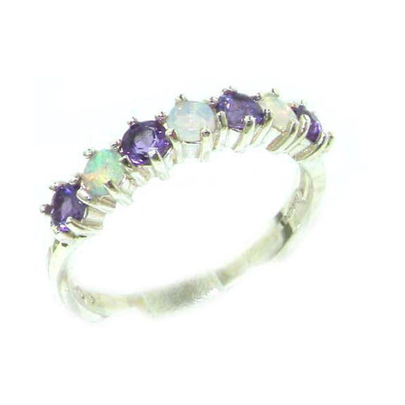 LBG British Made 10k White Gold Natural Opal & Amethyst Womens Eternity Ring - Size 10 - 33 size options