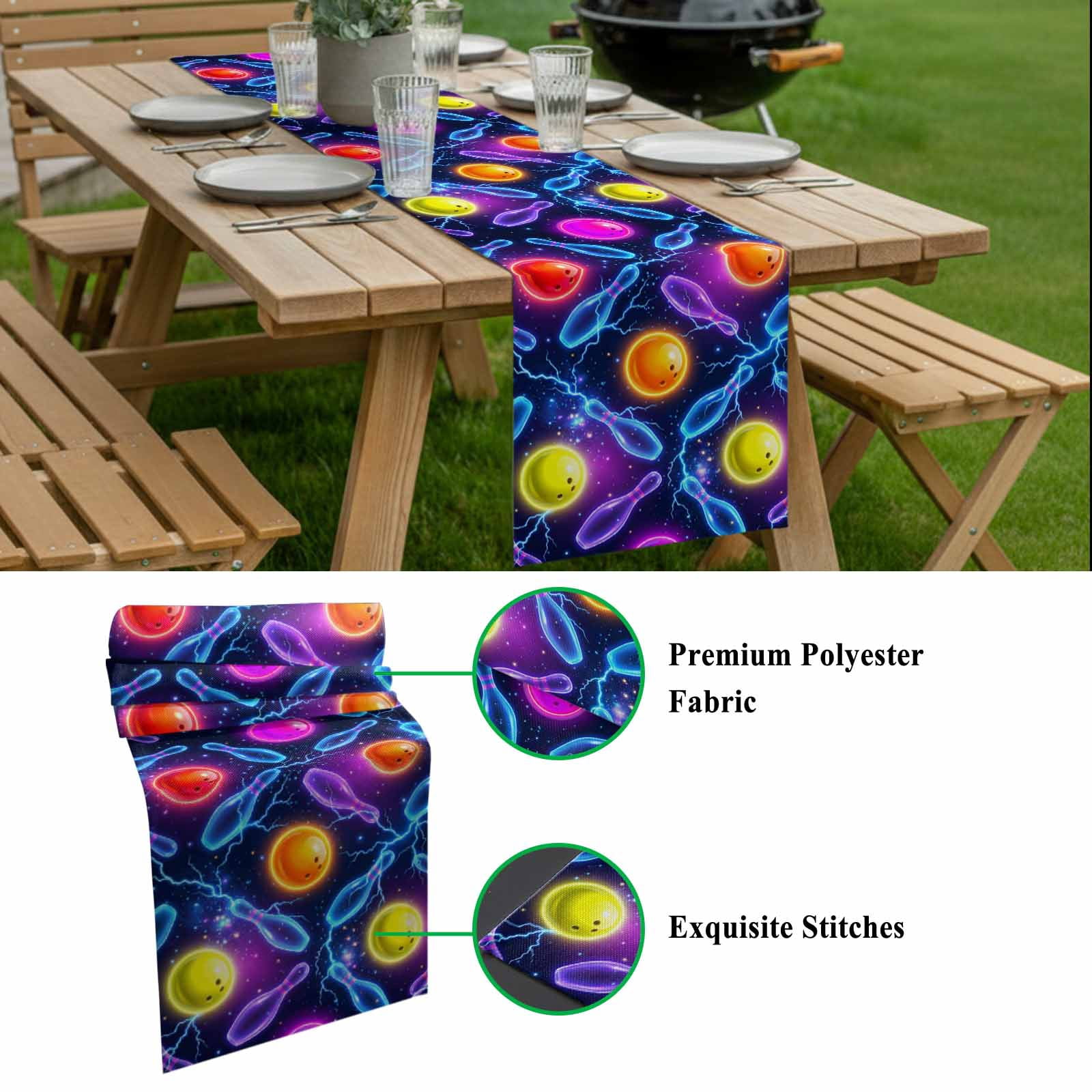 Bowling Table Runner 16 x 72 Inch, Purple Blue Yellow Bowling Balls Bottles Sports Black Washable Cotton Linen Dining Table Runner Tabletop Decorations for Restaurant Home Kitchen Party