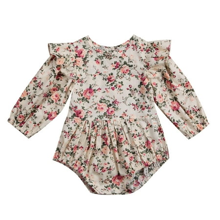 

Newborn Baby Girls Floral Pattern Ruffles Long Sleeves Romper Casual Jumpsuit Princess Outfits
