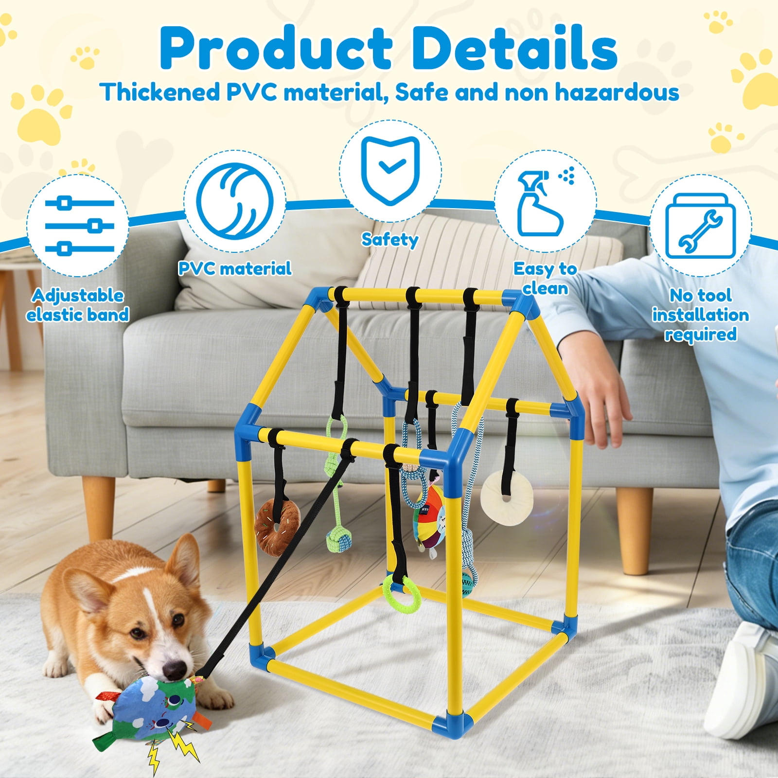 Ikoopy Puppy Play Gym with 8 Hanging Toy Indoor Jungle Gym Toy for Small Dog with PVC Frame and Bungee Strap for Entertainment Funny Teething and Mental Stimulation