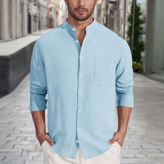 Handshe Men's Long Sleeve Shirt, Summer Solid Color Breathable Stand Collar Button-Up Pocket Shirt for Casual Outdoor, Hiking, Camping,Plus Size