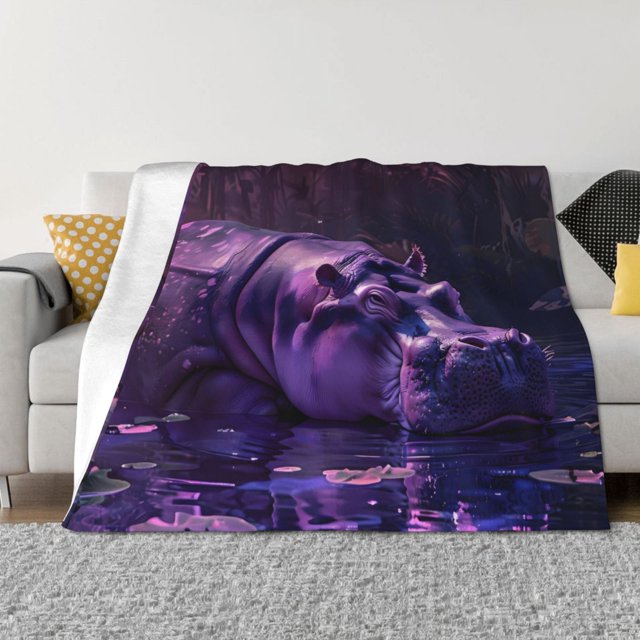 Fotbe Purple Hippo In Water Manta de Franela con Estampado, Manta Ultrasuave para Cama, Sofá, Auto, Hipoalergénica y Antibolitas-80"x60"