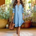 thumbnail image 4 of Women's V Neck 3/4 Sleeve Loose Swing Mini Dress, Solid Ruffle Hem Casual Summer Vacation Tunic Dress Light Blue XL(XL), 4 of 7
