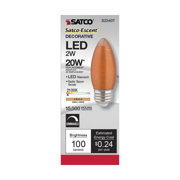 Satco S23407 C11 LED Satin Spun Amber Light Bulbs 2W 120V 2100K E26 Medium Base Dimmable (6 Pack)