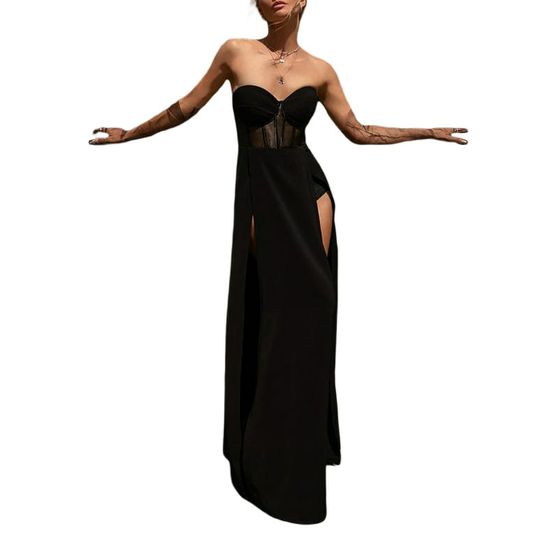 Women Tube Top Dress Sexy Bodysuit Dress High Waist Slit See Through Black  Cocktail Party Gown Long Dress