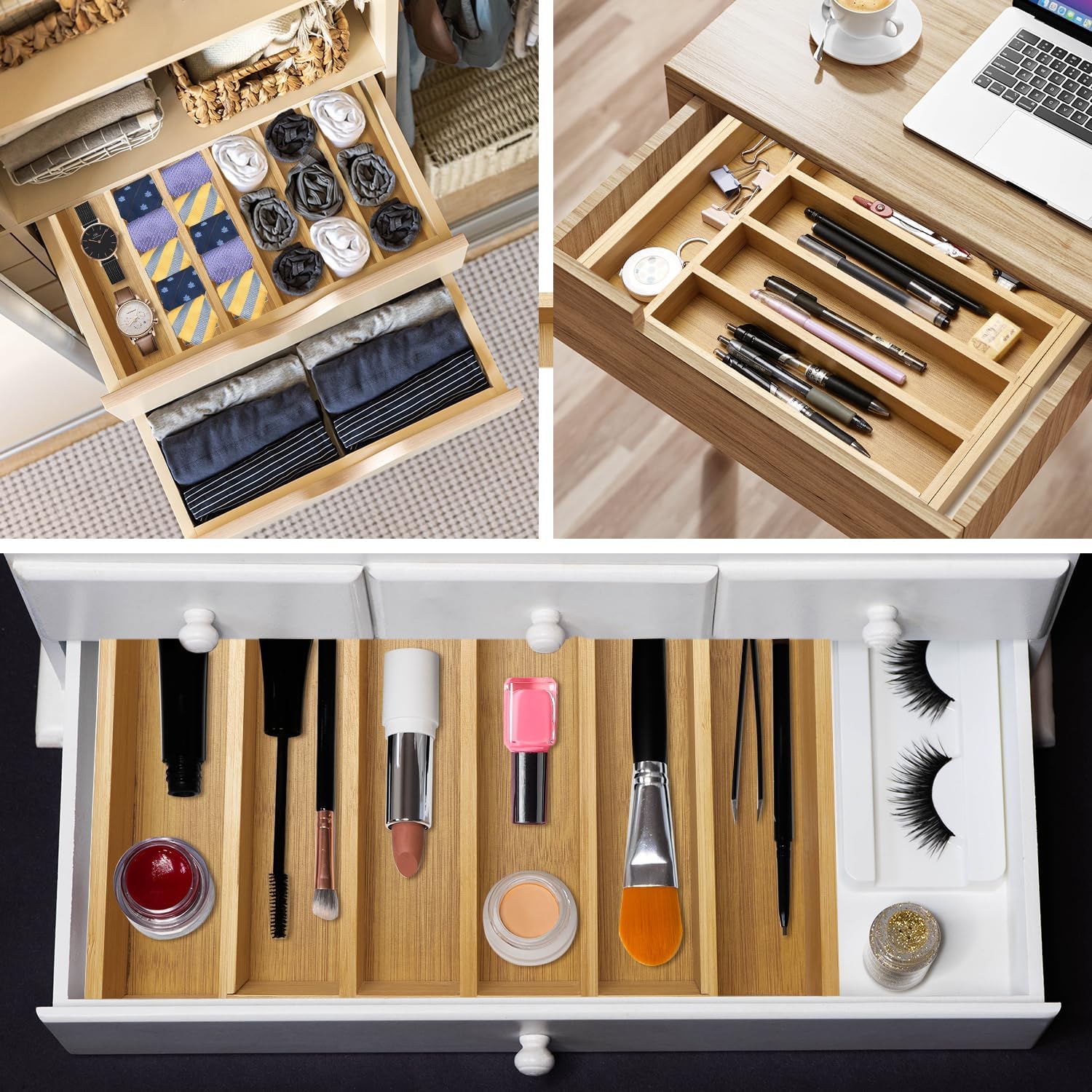 Large Bamboo Kitchen Utensil Drawer Organizer Expandable Flatware Silverware Tray Adjustable Cutlery Drawer Organizer Divider Insert Wood Silverware Utensil Holder Tray Spoon and Fork Organizer