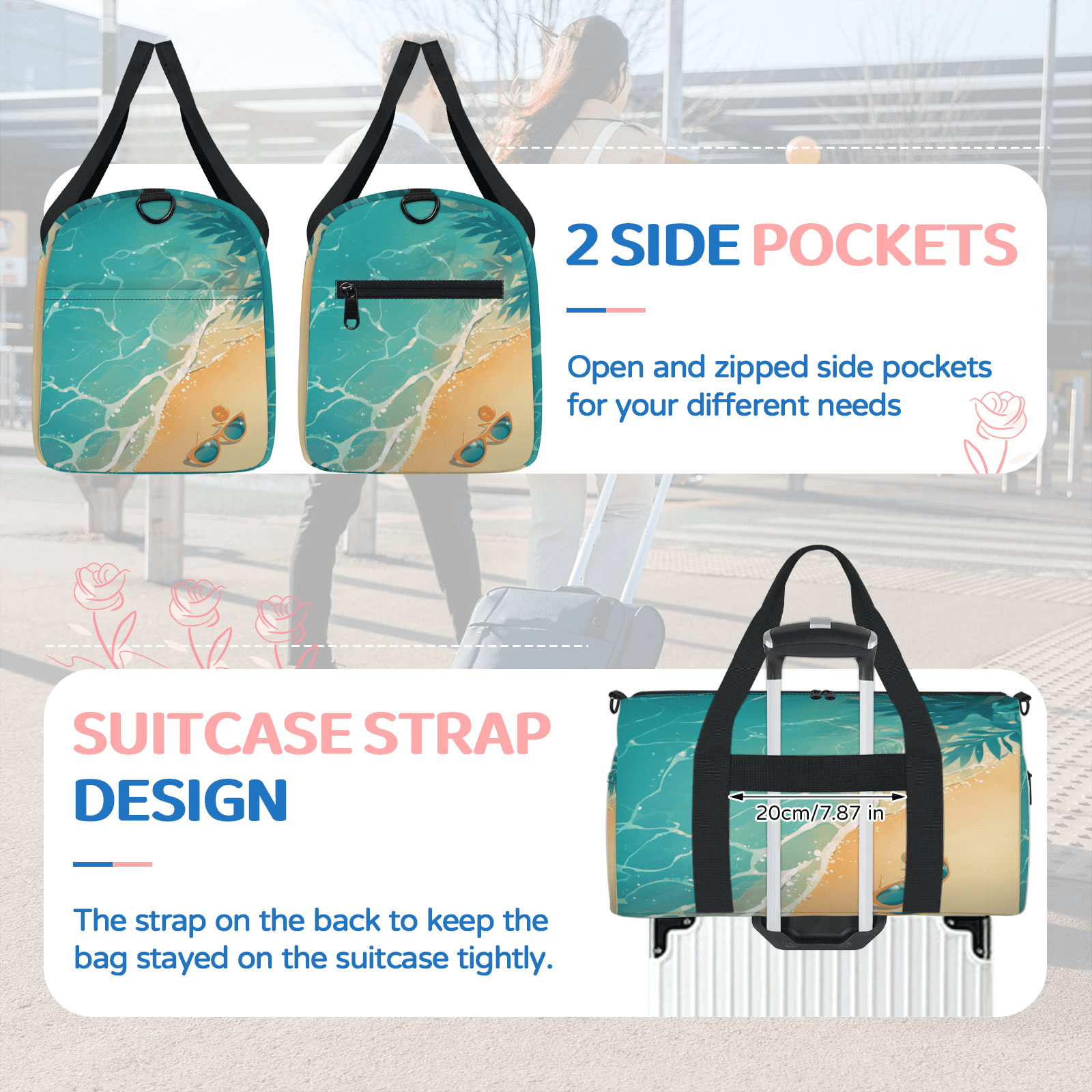 Herdesigns Ocean Gym Bag for Women, Duffle Bag for Travel Sport, Tropical Island Coastal Lightweight Waterproof Carry on Weekender Dance Yoga Workout Bags