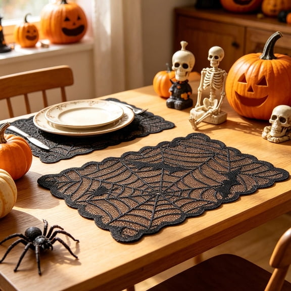 Hovilon Black Lace Gothic Filigree Placemat 12x18 Inch, Vintage Halloween Table Mat with Scalloped Edge, Spooky Plastic Lace Table Decor for Dinner Party Kitchen Home Holiday Setting