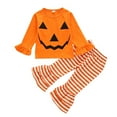 thumbnail image 4 of Children’s Halloween Outfit Orange Round-Neck Ruffle Long-Sleeves Top + Stripes Pants with Layered Bottom Heming for Little Girl, 4 of 5