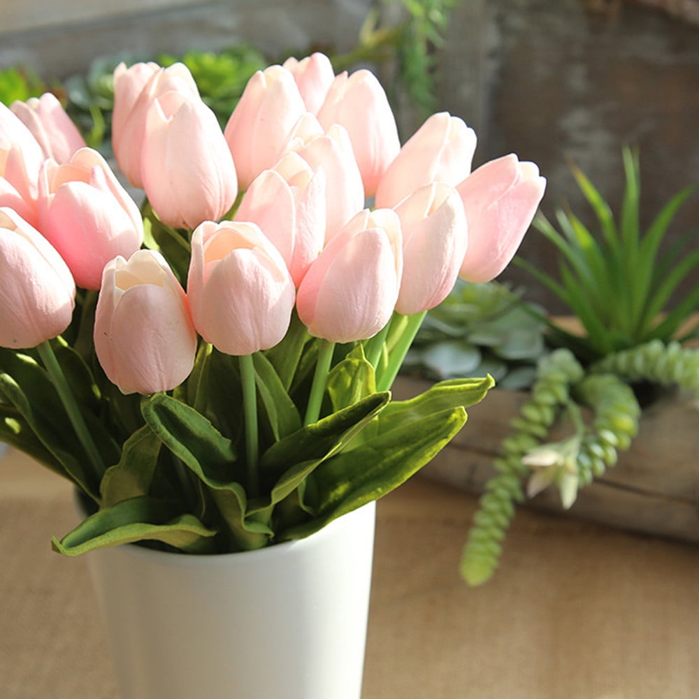 5 Pcs Fake Tulips Artificial Flowers, Real Touch PU Faux Flowers, Tulip Stems for Wedding, Spring Bouquet Floral Arrangement Home Party Office Decorations for Mother's Day (Pink) 13.98Inches