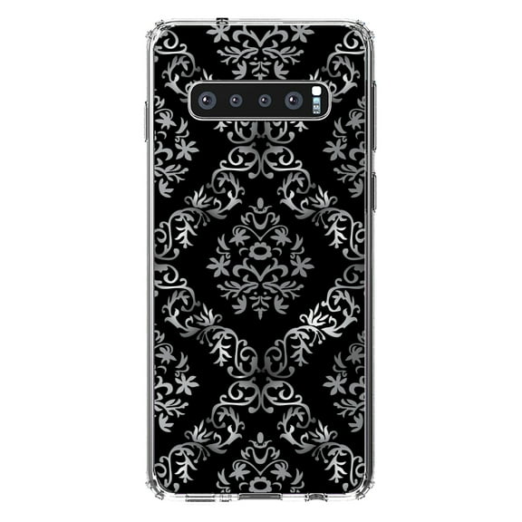 DistinctInk Clear Shockproof Hybrid Case for Samsung Galaxy S10  PLUS(6.4" Screen) - TPU Bumper, Acrylic Back, Tempered Glass Screen Protector - Black White Silver Grey Damask - Floral Damask Pattern
