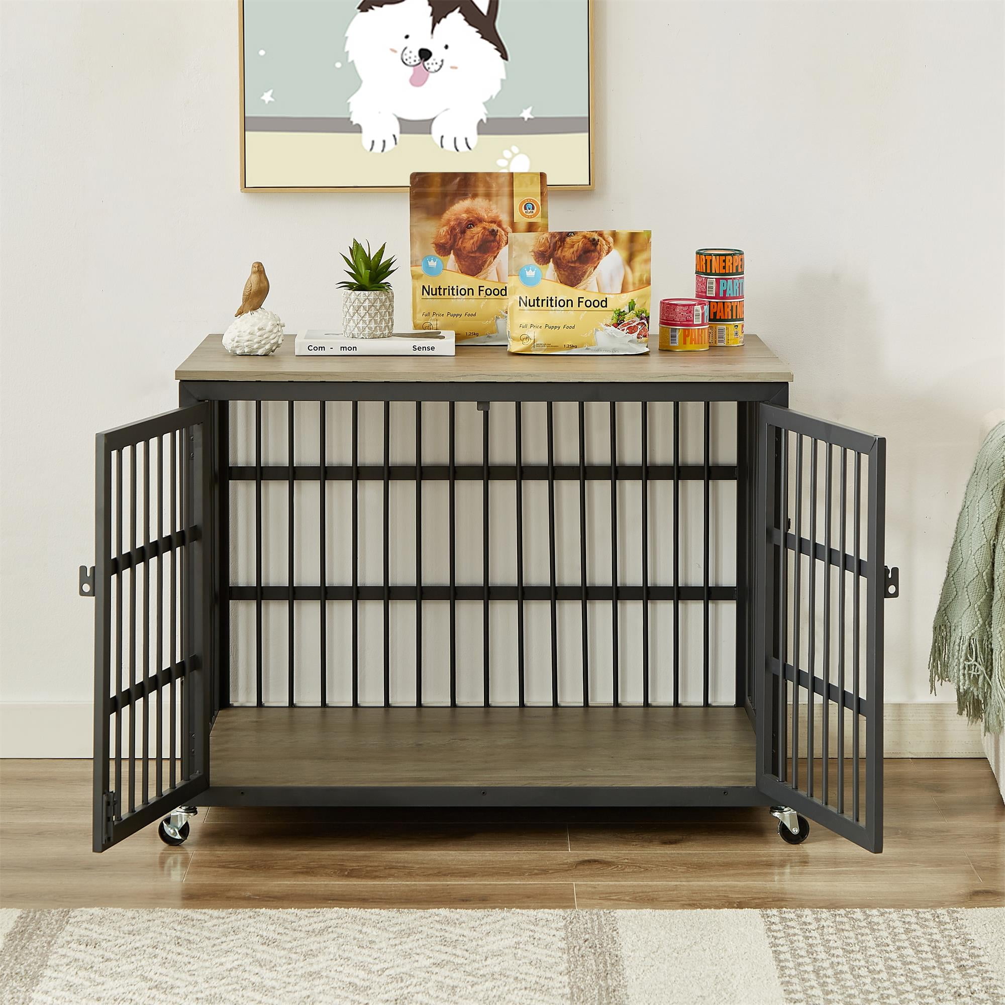 Pefilos 38" Heavy Duty Dog Crate for Small Dogs, Furniture Style Dog House with Wheels, Indoor Dog Cage Wrought Iron Frame Door with Side Openings, Gray Pefilos 38" Heavy Duty Dog Crate for Small Dogs, Furniture Style Dog House with Wheels, Indoor Dog Cage Wrought Iron Frame Door with Side Openings, Gray