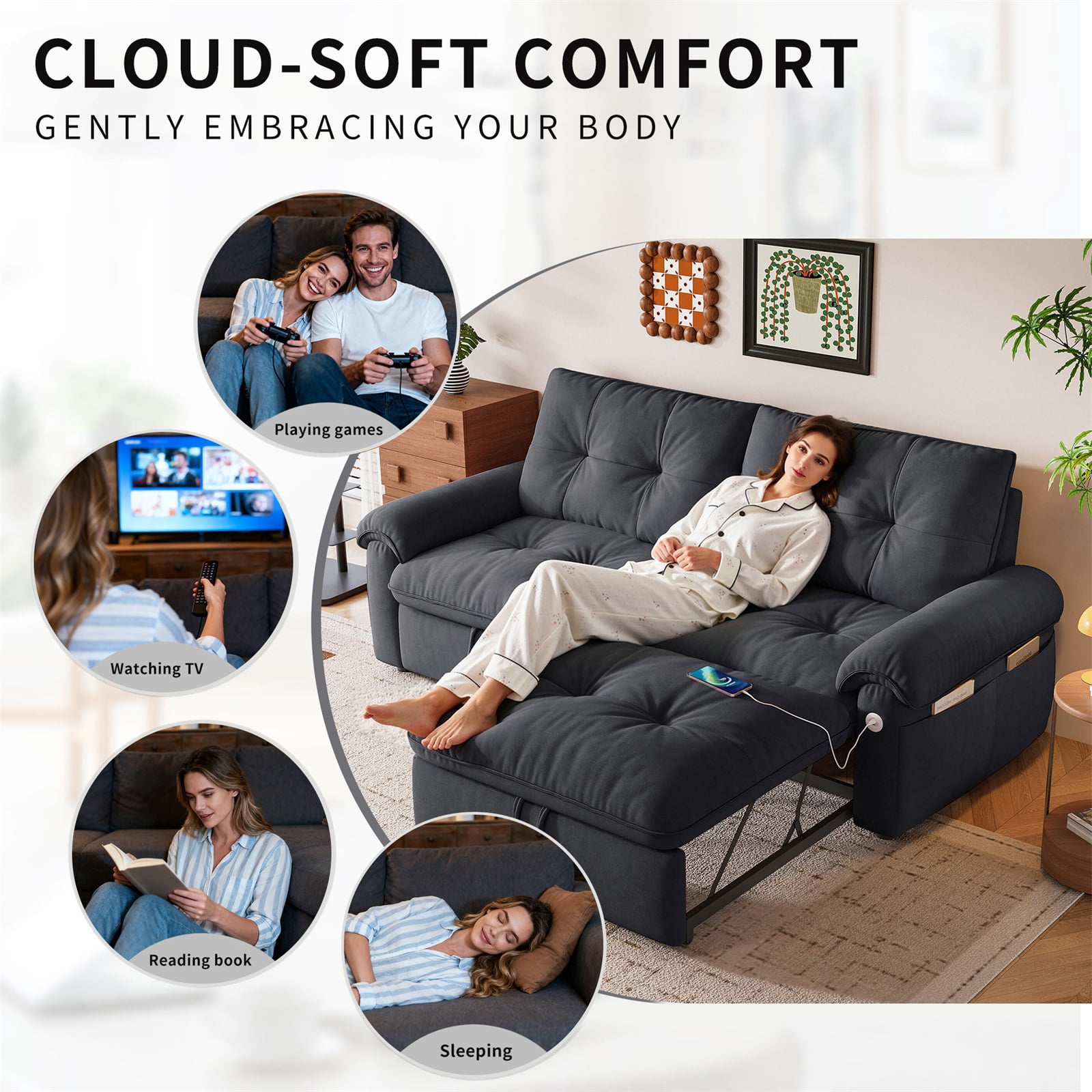 Hommoo 70" Convertible 2-in-1 Pull Out Couch Bed, Multi-Functional Velvet Loveseat Sleeper Sofa Bed, Gray