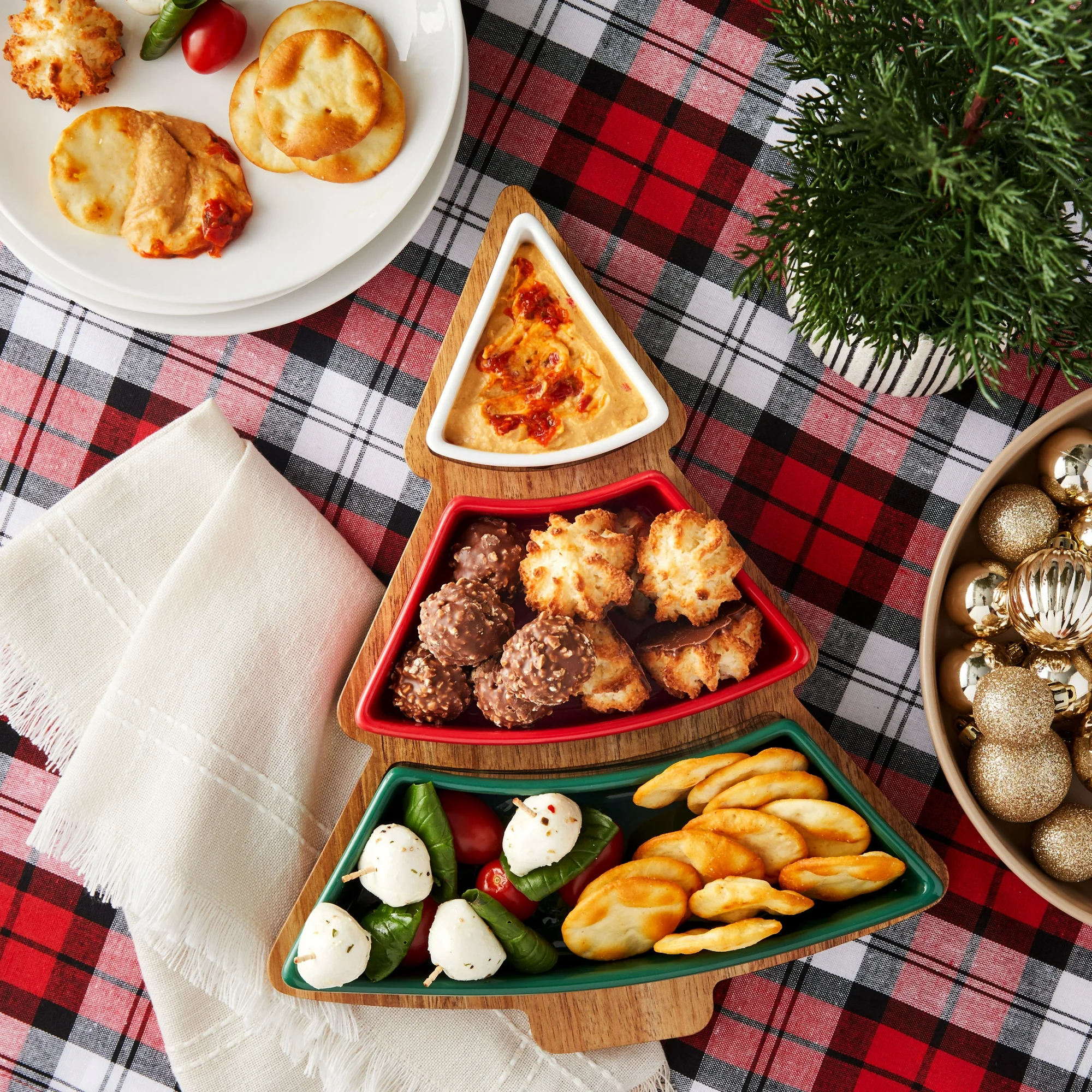 Holiday Time Acacia Wood Christmas Tree Charcuterie Tray with Ceramic Bowls, 12.76 x 10.2 x 2.05 in