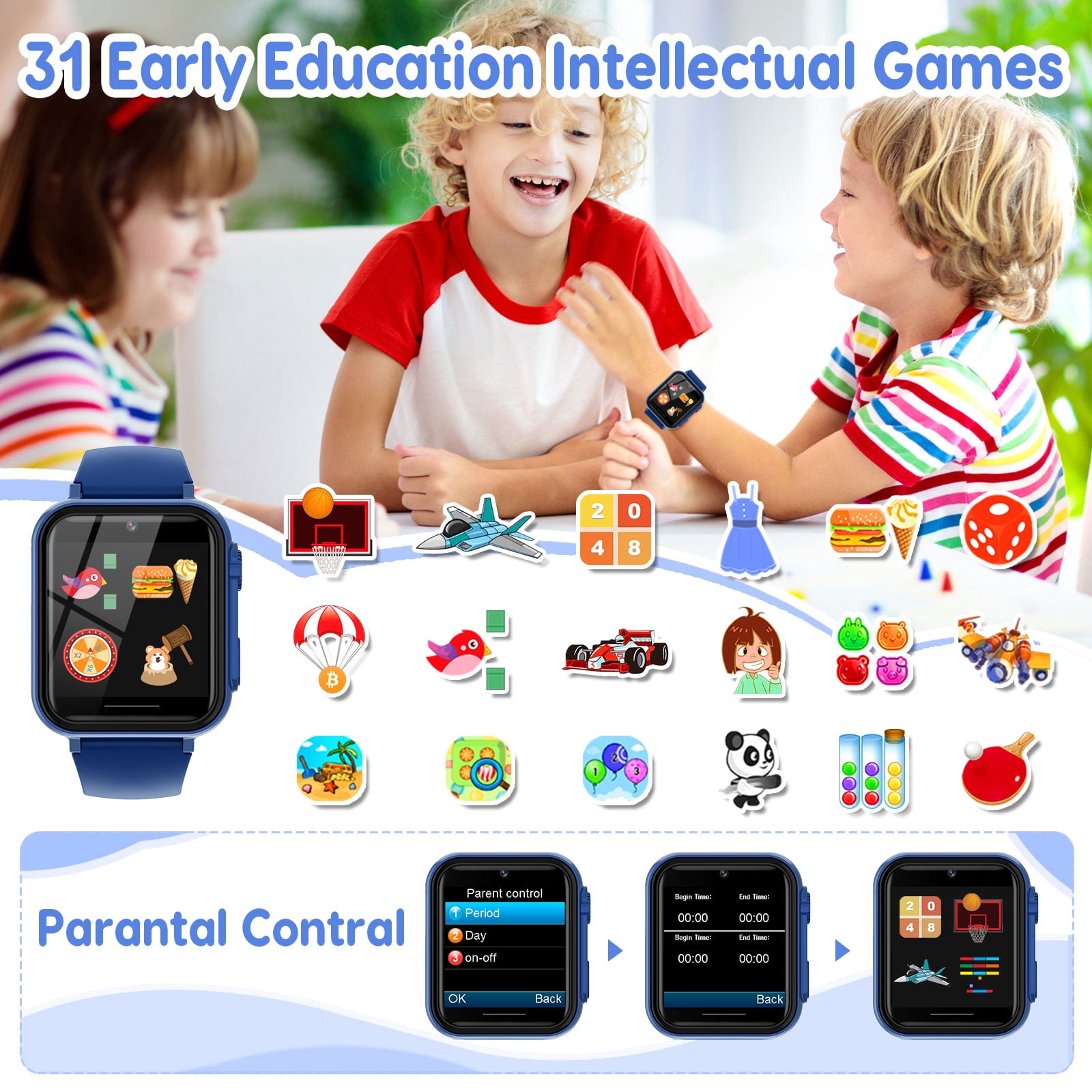 Eurhowing Kids Smart Watch Age 3-12, 31 Games, Learning Cards, HD Touch Screen, Camera, Music, Audiobook, Pedometer, Fun & Educational Birthday Gift Idea, Blue