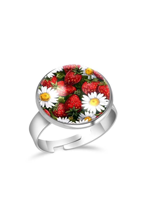 Cartoon Strawberry Daisy Flower Pattern Stainless Steel Rings for Women, Open Adjustable Ring Promise Ring Jewelry Gifts