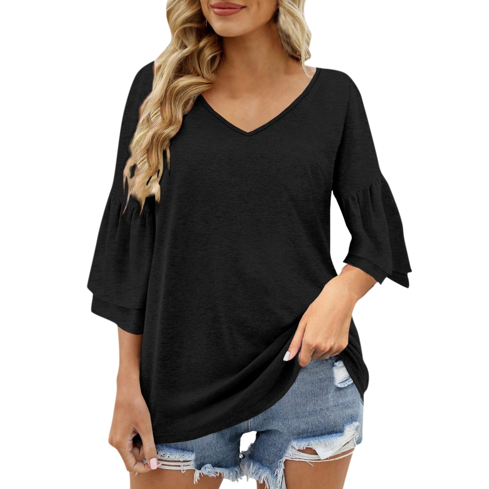 HSMQHJWE Camisetas Para Womens Summer Tees Fashion Solid Color V Neck 3 / 4 Sleeve Casual T Shirt Womens Short Sleeve Shirts - Walmart.com