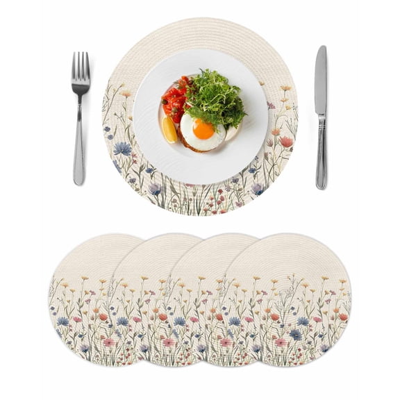 Spring Floral Round 15 Inch Placemats Set of 4, Watercolor Rustic Summer Botanical HeatResistant Non Slip Place Mats for Dining Table, Wipeable Braided Kitchen Table Mats for Housewarming