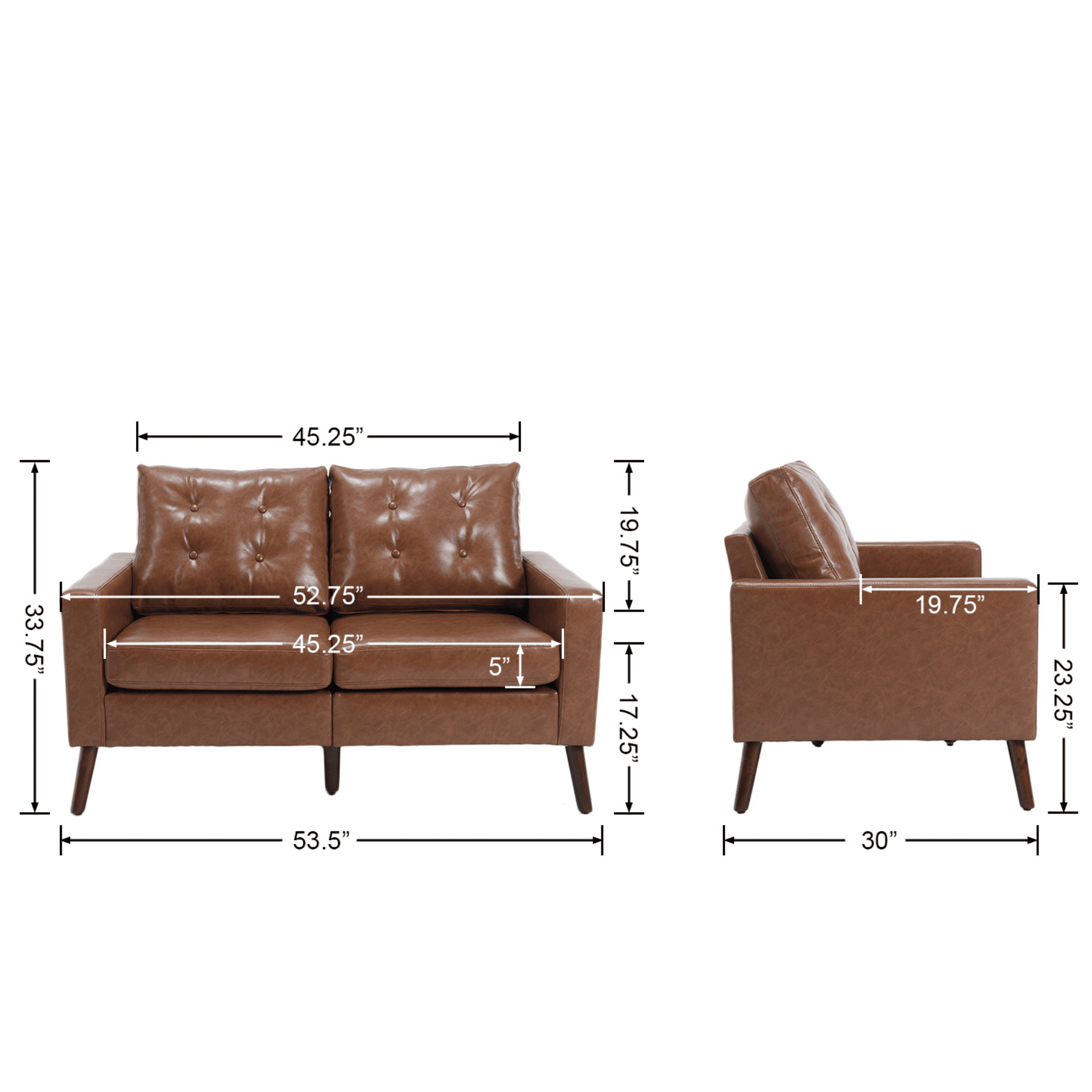 Guyou Modern 53” Loveseat Sofa, Comfy Upholstered Button Tufted Faux Leather 2 Seater Small Sofa Couch, Lounge Sleeper Love Seats for Small Spaces Living Room Apartment Bedroom, Brown