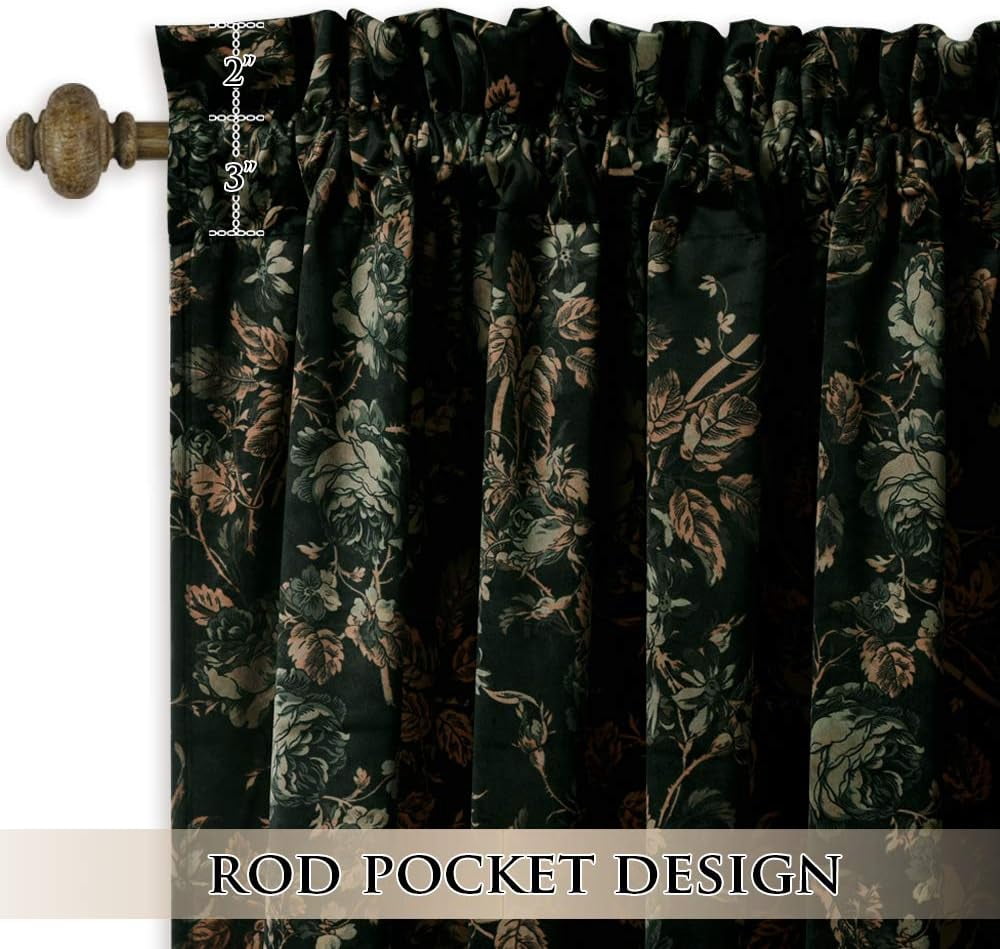 NICETOWN Velvet Curtains 84 inches Long, Printed Floral Vintage Thermal Insulated Room Darkening Rod Pocket Drapes for Bedroom Living Room, Black, 52"x84", 2 Panels