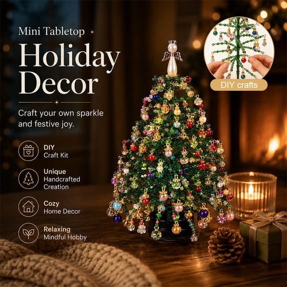 DIY Beaded Christmas Tree Kit with Angel Topper, Handmade Holiday Decor Craft Set for Adults Kids Mantel Shelf Display