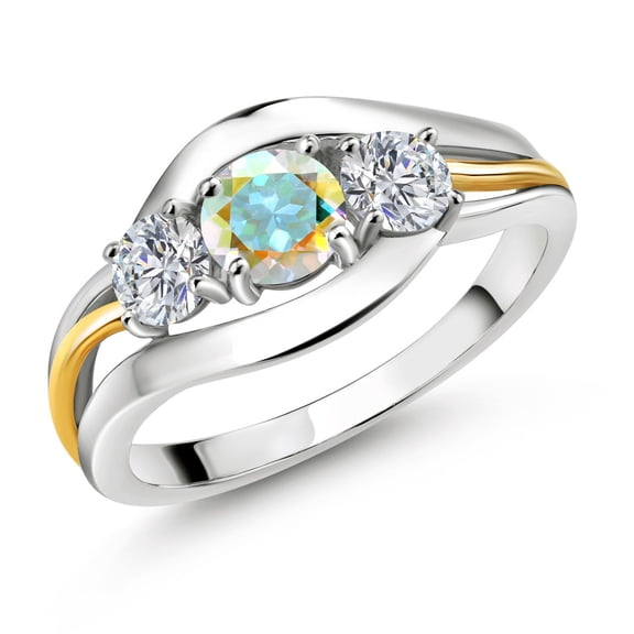 Gem Stone King 925 Sterling Silver and 10K Yellow Gold Round Mercury Mist Mystic Topaz and White Lab Grown Diamond 3 Stone Ring for Women (1.09 Cttw, Available in Size 5, 6, 7, 8, 9)