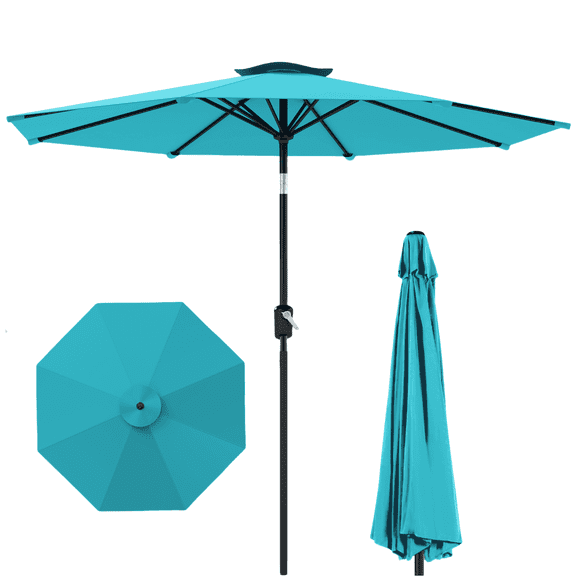 Melocadol 9FT Outdoor Patio Umbrella, Outdoor Table Umbrella with Sturdy Ribs, Push Button for Tilt Adjustment, Crank Lift, for Pool, Yard, Garden, Deck, Light Blue