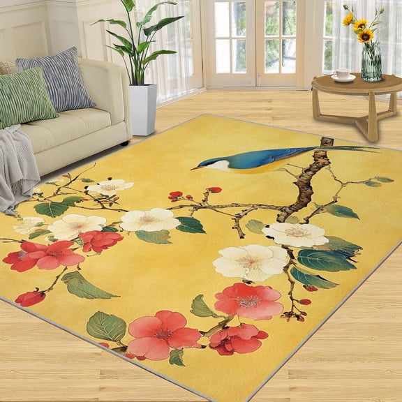 Japanese Cherry Blossom Area Rug, Oriental Floral Washable Rug, Non Slip Low Pile Carpet for Living Room Bedroom Home Decor 2x3ft