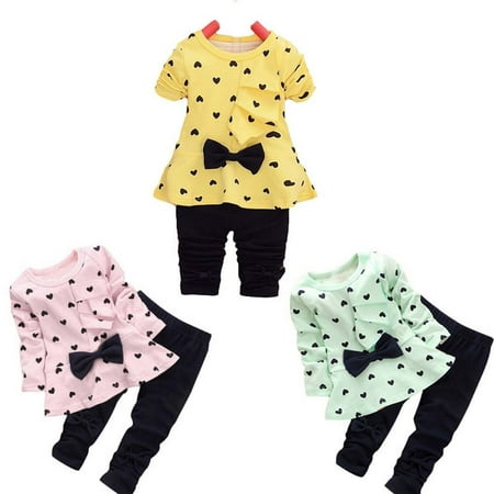 

Elainilye Fashion Toddler Girls Outfits Heart-shaped Print Bow Kids T shirt Pants 2 Piece Set Sizes 2-6Y Pink