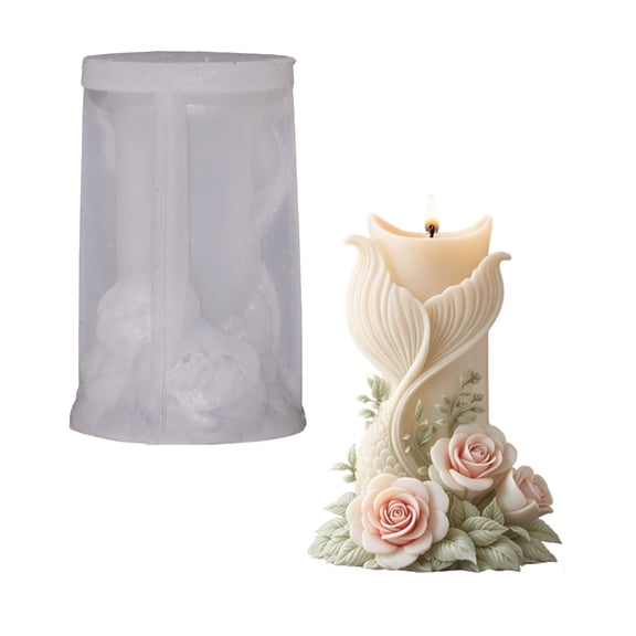 3D Mermaid Tail Rose Flower Cylinder Silicone Mold, Reusable Flexible Silicone Mold for DIY Aromatherapy Candles Gypsum Resin, Ocean Theme Floral Silicone Mold for Handmade Home Decor 