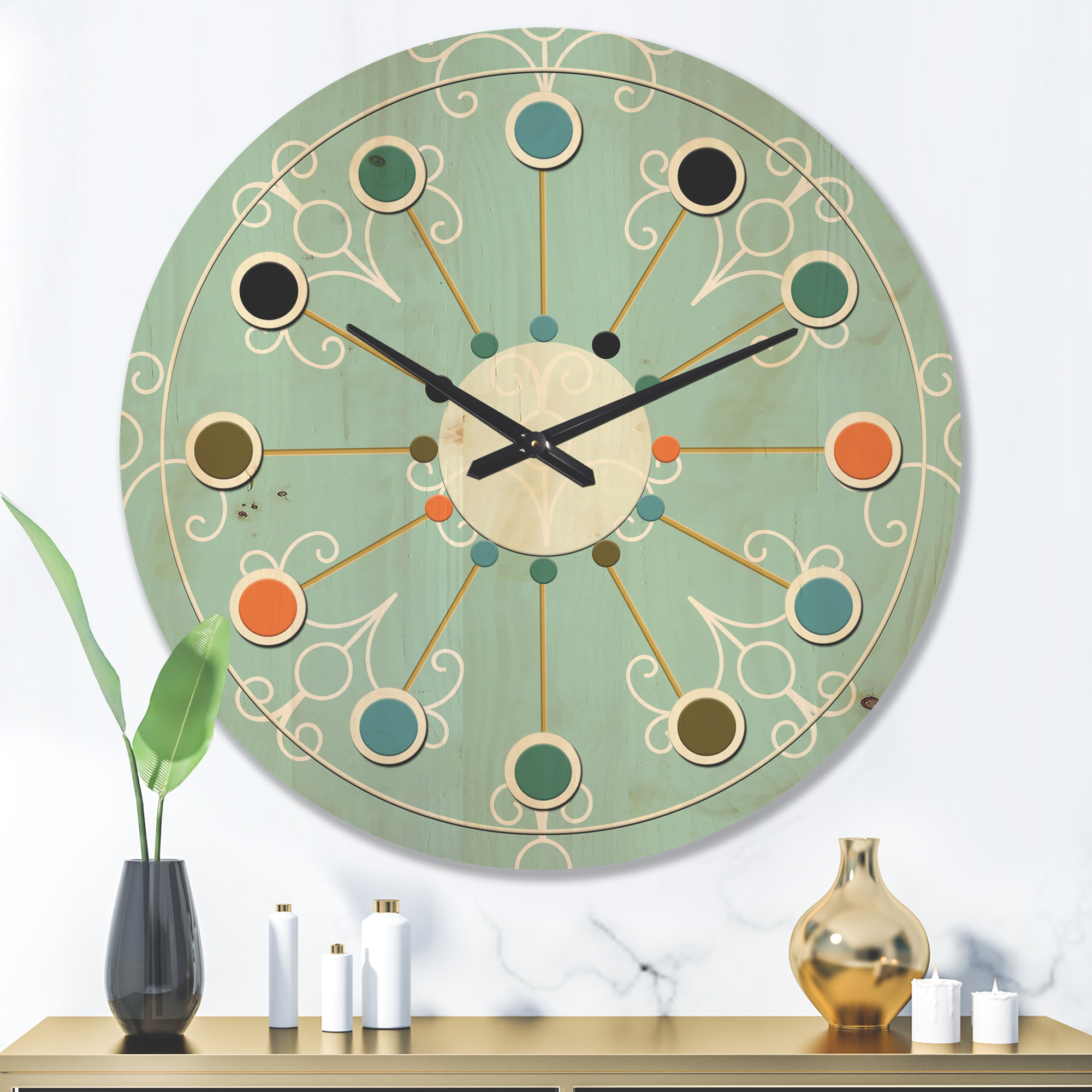 Designart 'Minimal Turquoise Ornament' Mid-Century Modern Wood Wall Clock