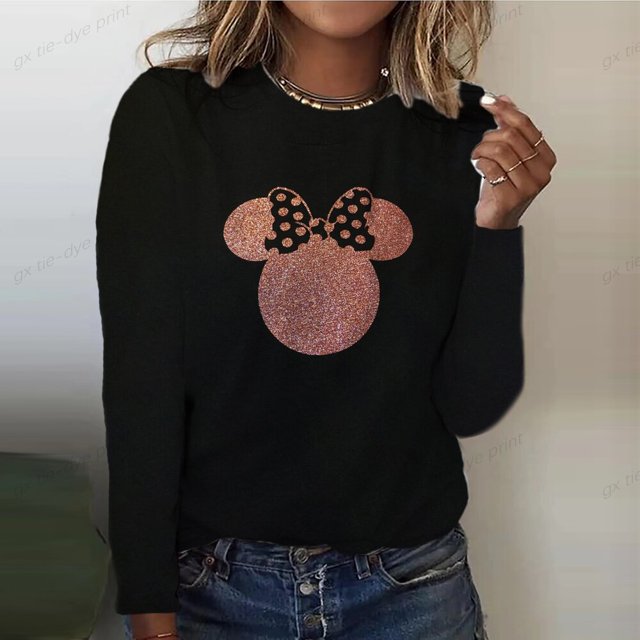 Disney Mickey Mouse Print Women's Long Sleeve Round Neck T-shirt Cartoon Four Seasons Top Women's T-shirt Y2k Graphic T-shirtXXL Gao Jinjia LED