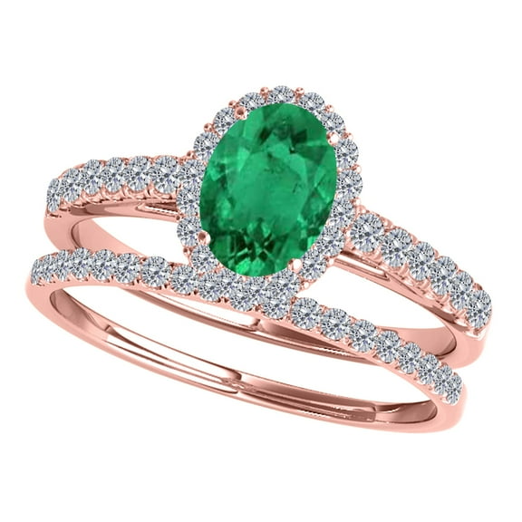 Mauli Jewels Engagement Rings for Women 0.80 Carat Emerald And Diamond Bridal Set 4-prong 10K Rose Gold