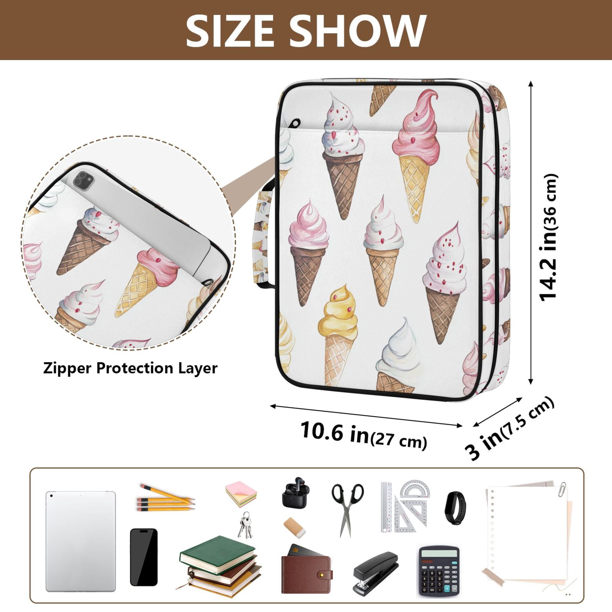 FORMRS Accordion File Folder A4 Size 7-Pocket Expanding Document Organizer Bag with 3 Ring Binder, Ice Cream Pattern
