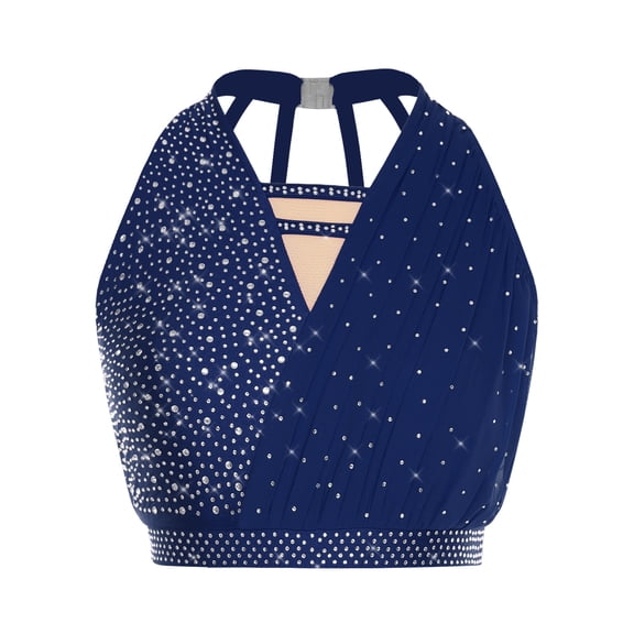 SiiRoh Women's Glittery Rhinestone Lyrical Ballet Dance Crop Tops Halter Neck Sleeveless Tank Top Navy Blue L