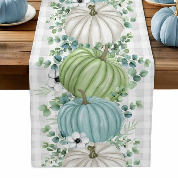 ERUNPONLY Fall Table Runner - 120 Inch Long Blue Green Pumpkins Thanksgiving Flower Leaf Plaid Cotton Linen Blended Dress Scarves Farmhouse Table Runner for Kitchen Dining, Coffee Table, 13" x 120"