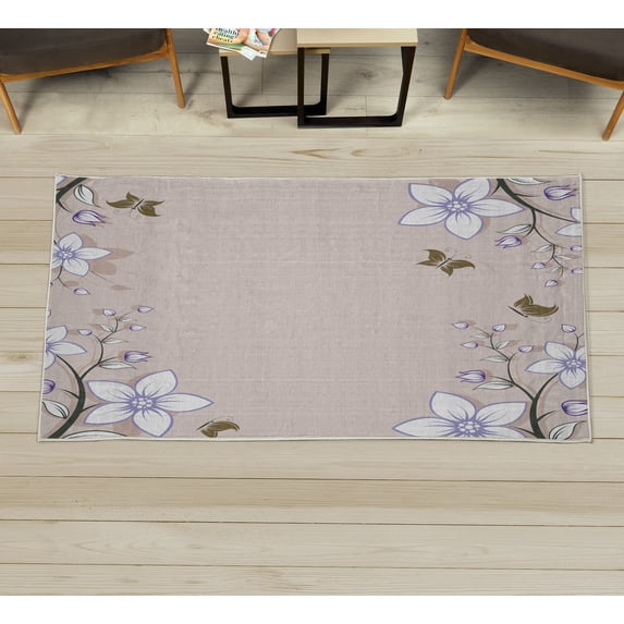 Floral Decorative Rug, Spring Flowers Leaves Branches Buds Butterflies Frame Like Abstract Art Pattern, Quality Carpet for Bedroom Dorm and Living Room, 6 Sizes, Pale Lilac, by Ambesonne