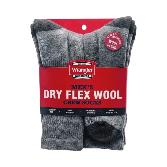 Wrangler Wool Blend Work Socks for Men, Size 6-12, Charcoal, 6 Pairs