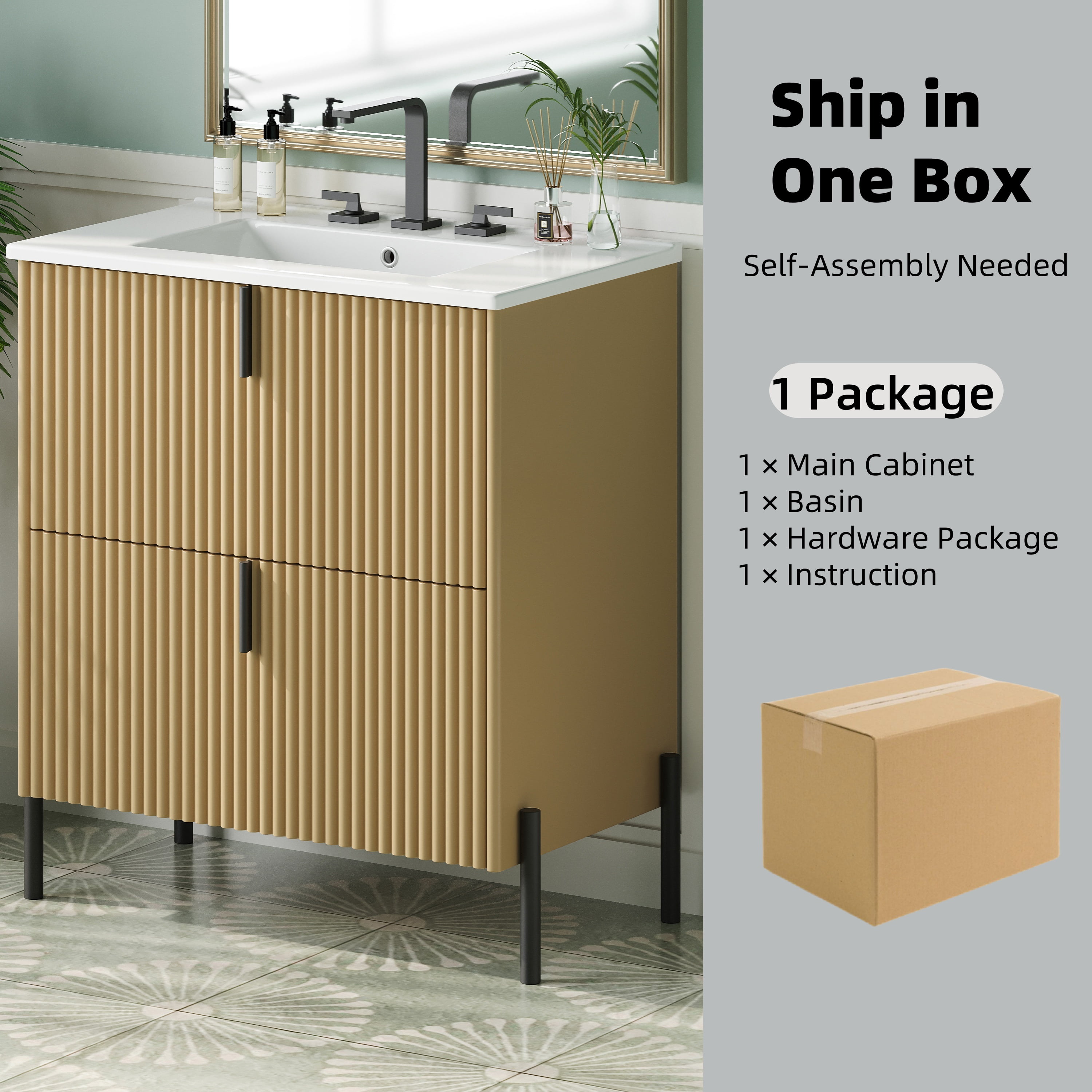 Euroco 30" Bathroom Vanity with Ceramic Sink, Equipped with Vertical Pulls and Full-Extension Drawers, Freestanding Bathroom Vanity with Soft Close Drawer Slides, Fluted Design, Natural
